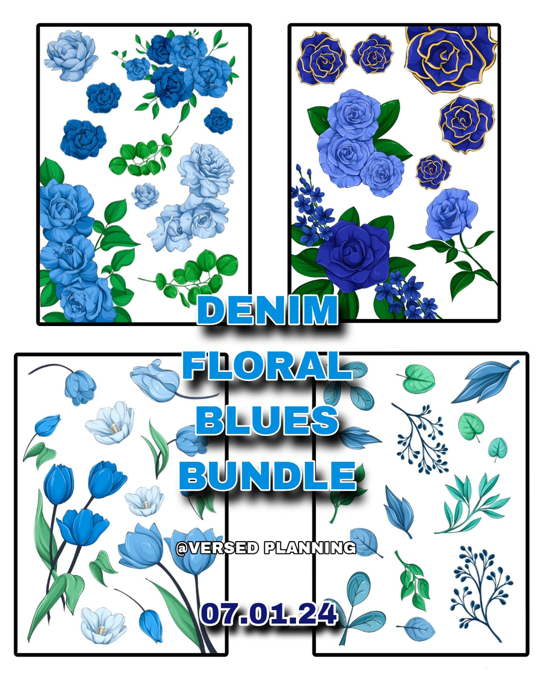 Denim Blues Floral Bundle, 4 SHEETS! Read note. See photo