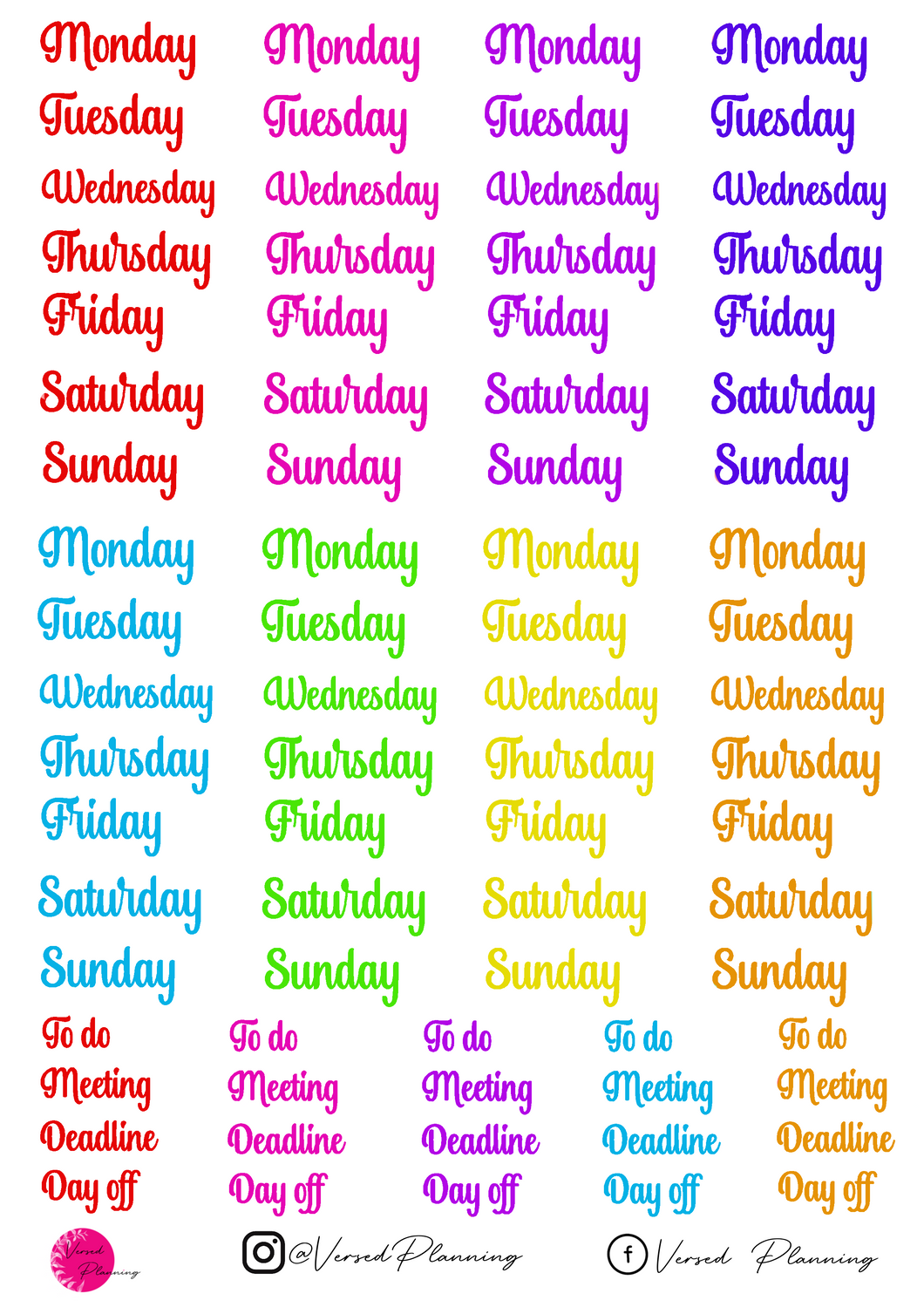 SCRIPT DAY HEADERS, 15 COLOR OPTIONS TO SELECT FROM